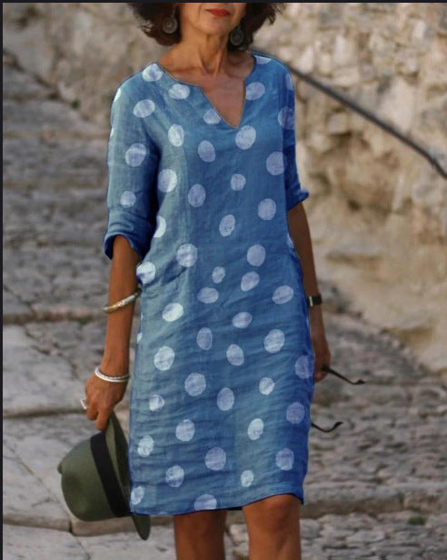 Women’s Linen Polka Dot Dress – Casual V-Neck A-Line Summer Dress