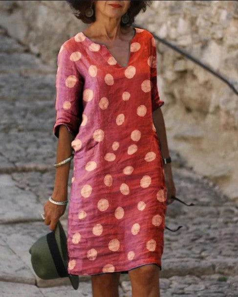 Women’s Linen Polka Dot Dress – Casual V-Neck A-Line Summer Dress