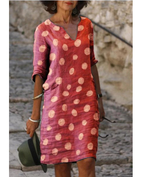 Women’s Linen Polka Dot Dress – Casual V-Neck A-Line Summer Dress
