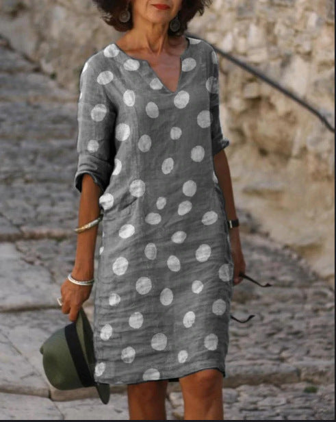 Women’s Linen Polka Dot Dress – Casual V-Neck A-Line Summer Dress