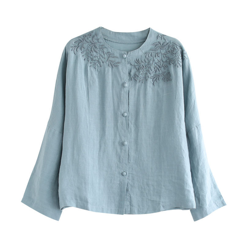 Women’s Linen Embroidered Button Blouse – Vintage Loose Long Sleeve Top