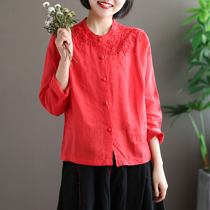 Women’s Linen Embroidered Button Blouse – Vintage Loose Long Sleeve Top