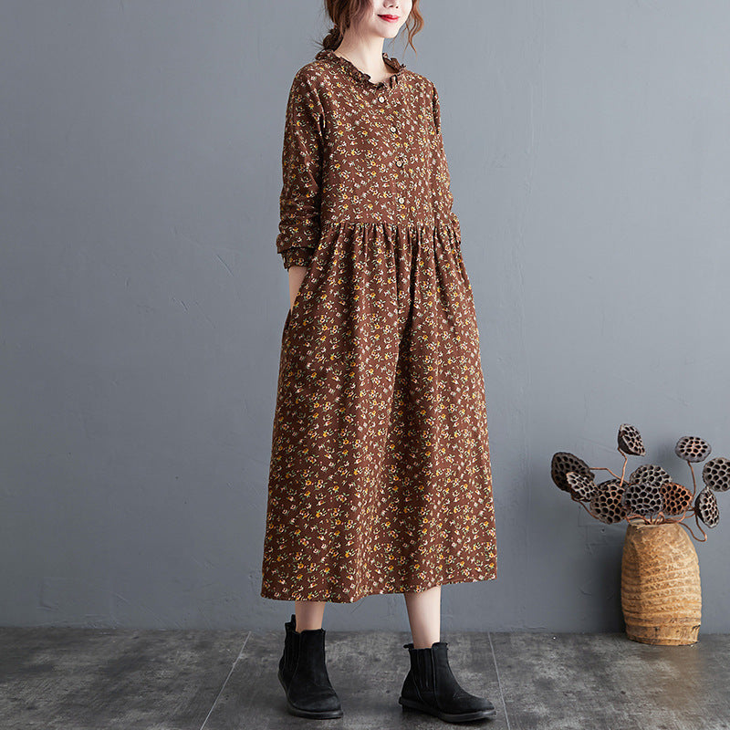 Vintage Floral Cotton Linen Dress – Retro Loose A-Line Long Sleeve Midi Dress