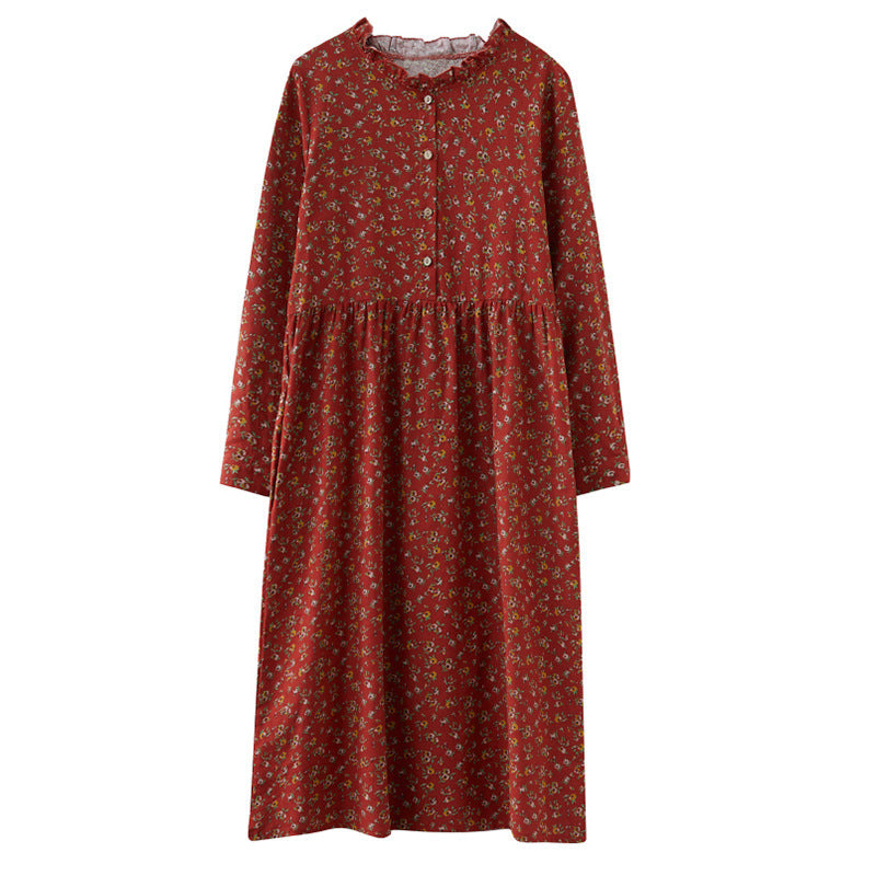 Red vintage floral cotton linen dress with loose A-line fit and long sleeves.