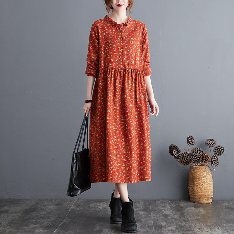 Vintage Floral Cotton Linen Dress – Retro Loose A-Line Long Sleeve Midi Dress