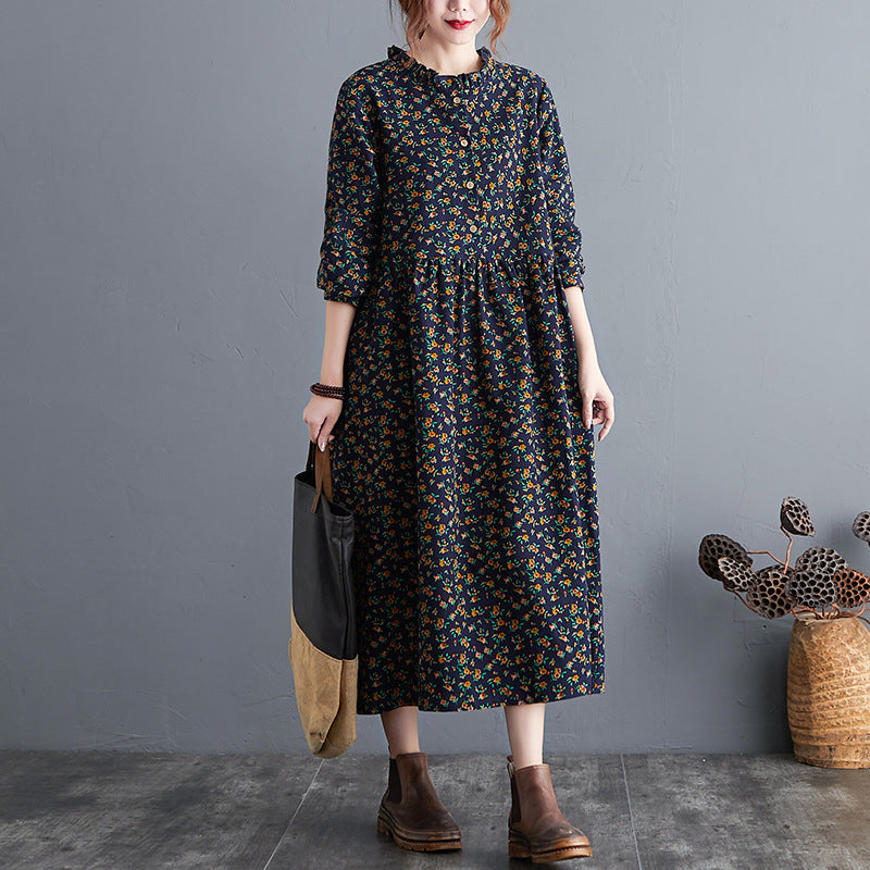 Vintage Floral Cotton Linen Dress – Retro Loose A-Line Long Sleeve Midi Dress