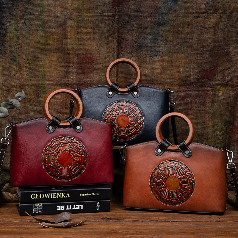 Vintage Embossed Genuine Leather Crossbody Handbag