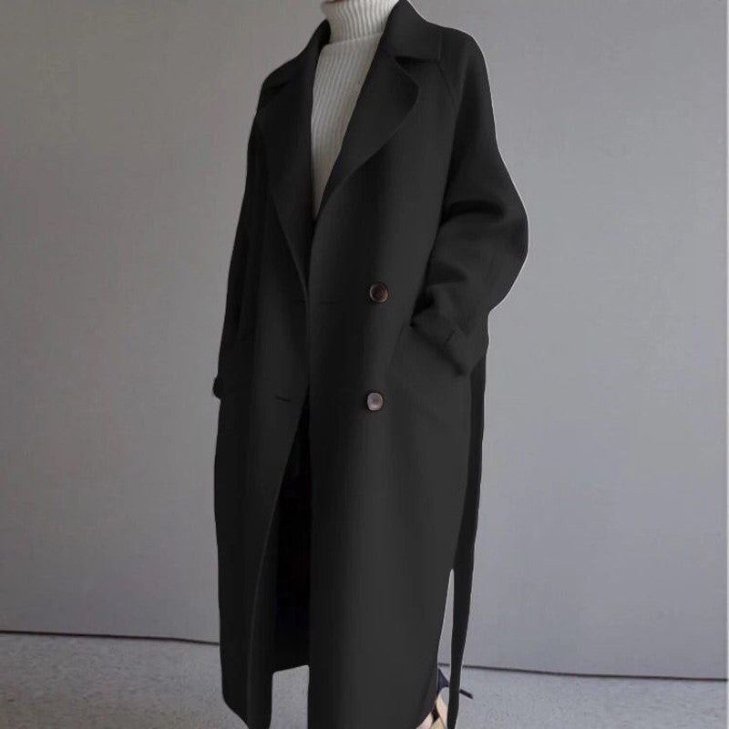 Women’s Lapel Cashmere Coat – Long Double-Breasted Overcoat