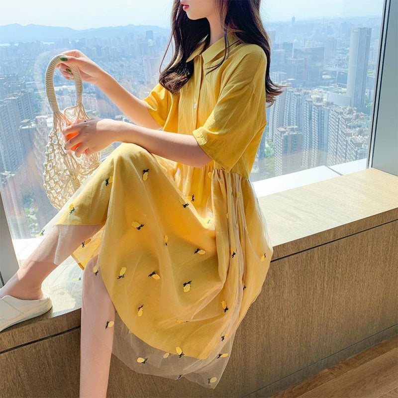 Yellow Mesh Polo Pleated Midi Dress – Embroidered Lightweight Summer Dress