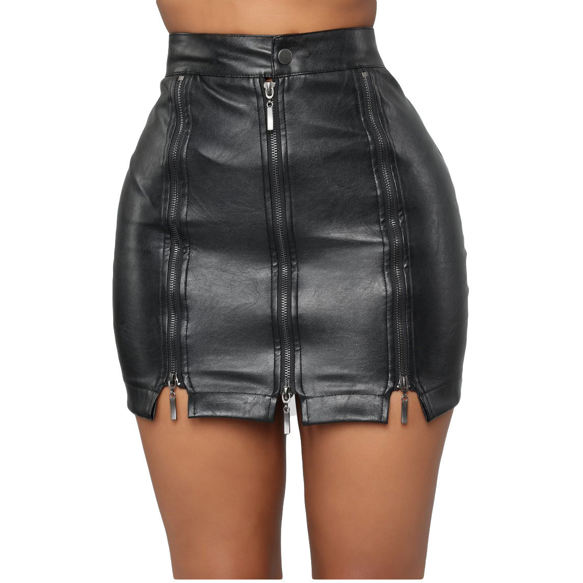 Woman wearing black leather mini skirt – trendy streetwear and night-out outfit