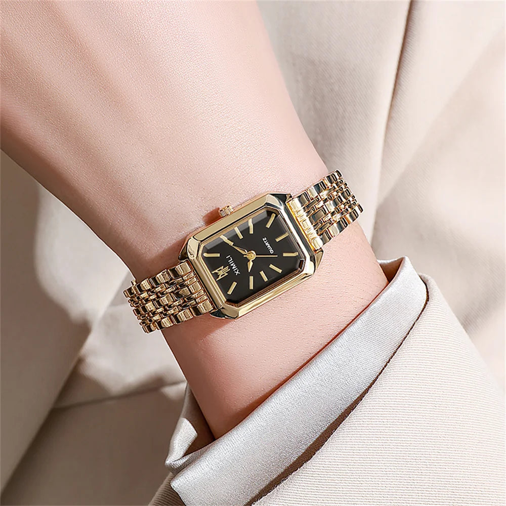 Luxury Gold-Plated Women’s Quartz Watch – Elegant Square Dial Stainless Steel Bracelet, Classic Business Fashion Timepiece