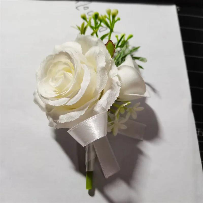 Beige Boutonnieres Flowers Artificial Roses Silk White Corsage Buttonhole Groomsmen Boutonniere for Men Wedding Accessories