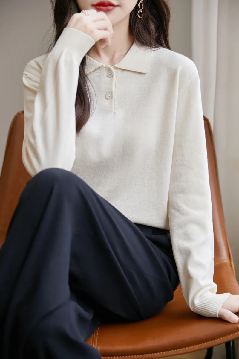100% Cotton Polo Collar Sweater for Women – Casual Solid Knit Pullover | Long Sleeve Spring & Autumn Knitwear Top