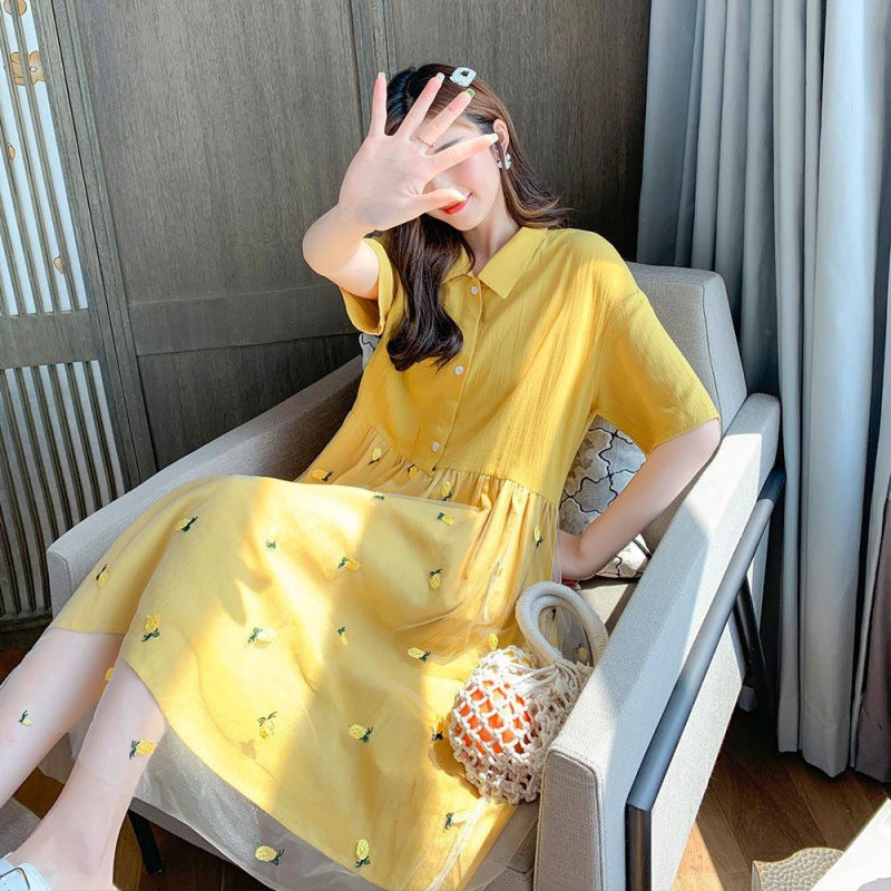 Yellow Mesh Polo Pleated Midi Dress – Embroidered Lightweight Summer Dress