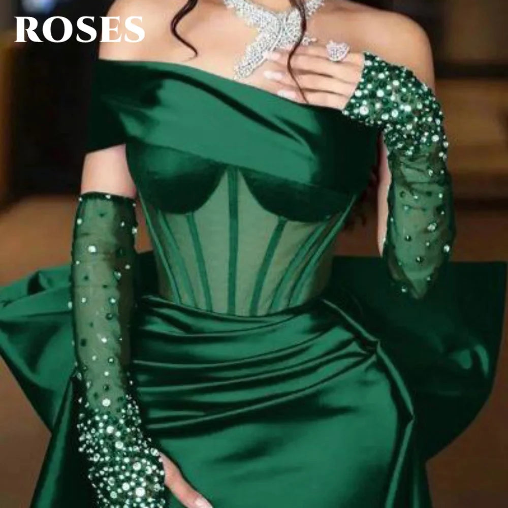 ROSES Burgundy Stain Mermaid Prom Dresses with Bow Shining Beading On Sleeve Evening Dress One Shoulder Sweetheart فساتين الحف
