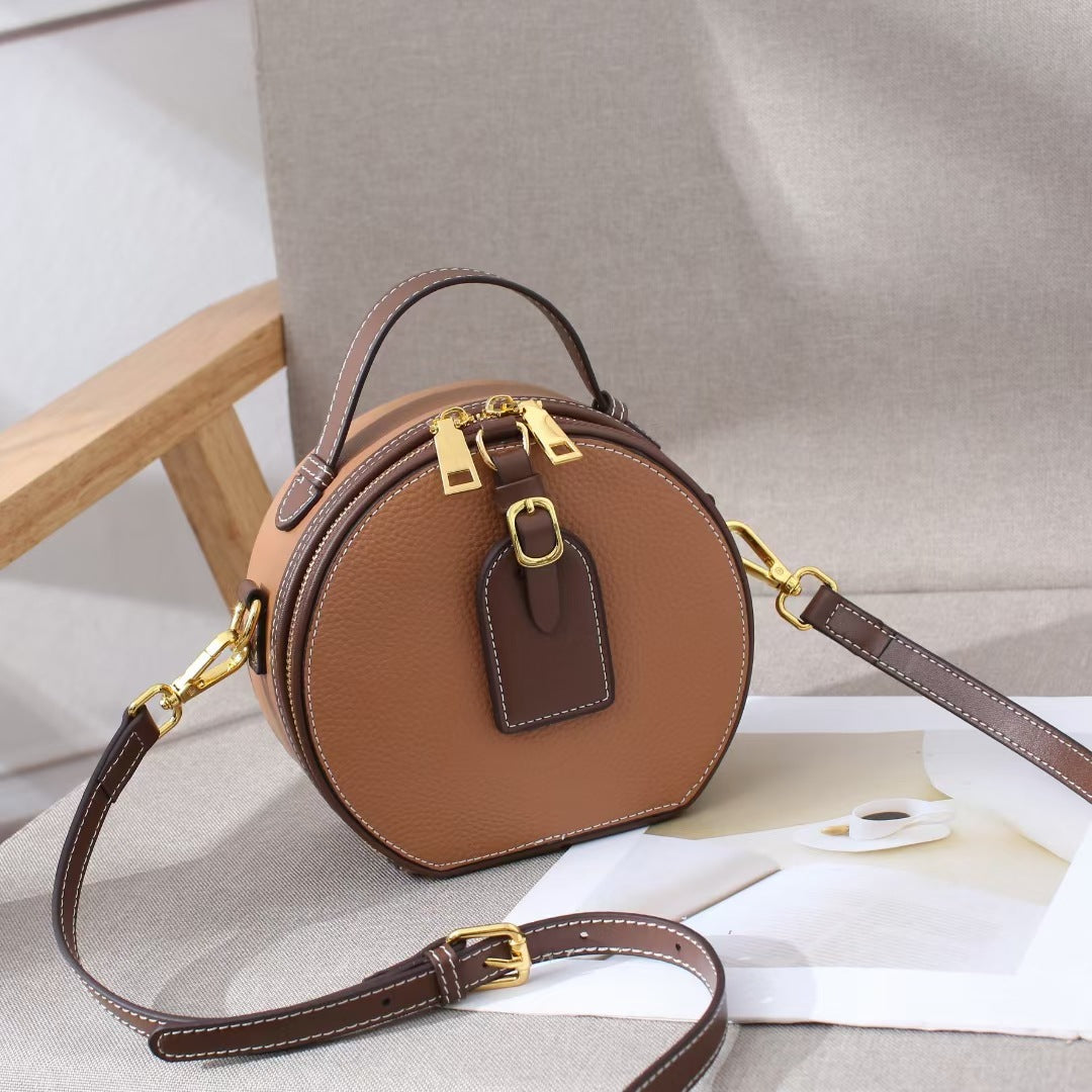Genuine Leather Round Crossbody Bag – Mini Contrast Color Messenger Handbag