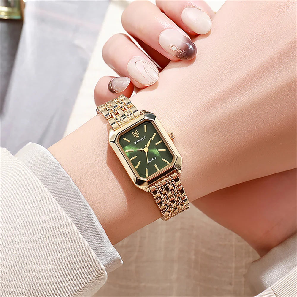 Luxury Gold-Plated Women’s Quartz Watch – Elegant Square Dial Stainless Steel Bracelet, Classic Business Fashion Timepiece