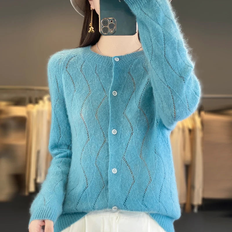 100% Pure Wool Women’s Round Neck Cardigan – Soft Wave Knit