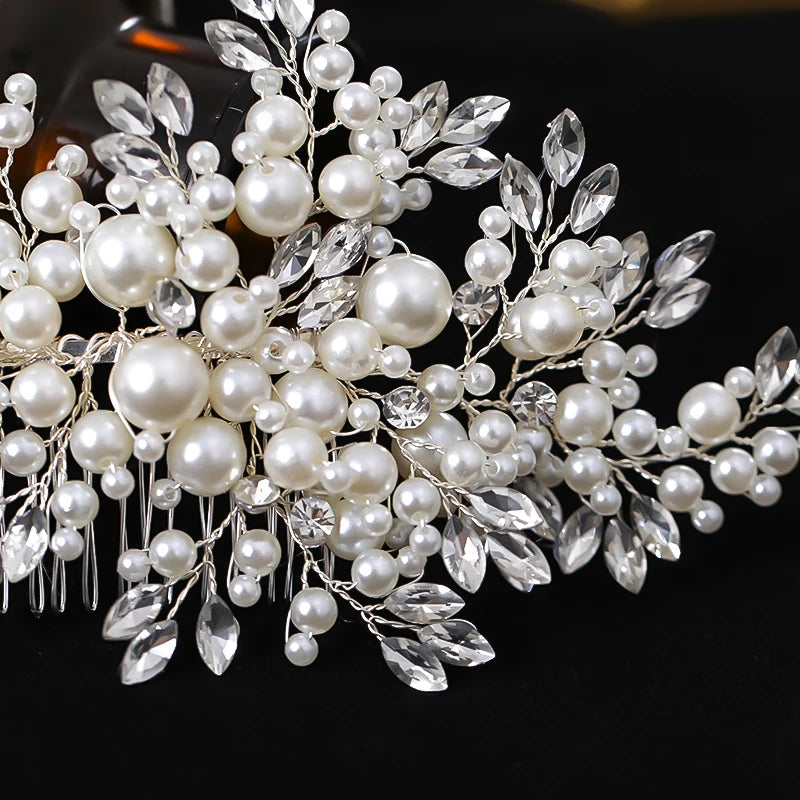 Luxurious Pearl & Rhinestone Hair Comb Headpiece – Handmade Silver Bridal Tiara | Elegant Wedding & Party Hair Accessory for Women
