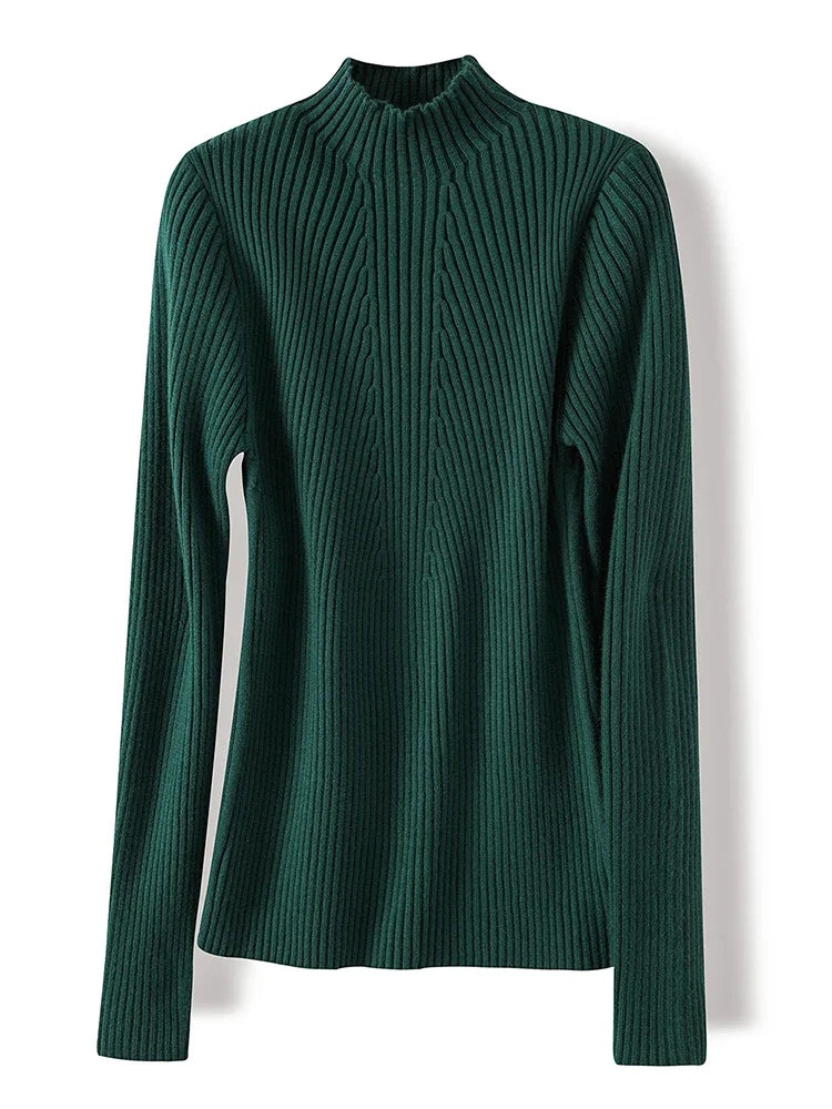 Soft stretch knit fabric of women’s turtleneck jumper – cozy and elegant