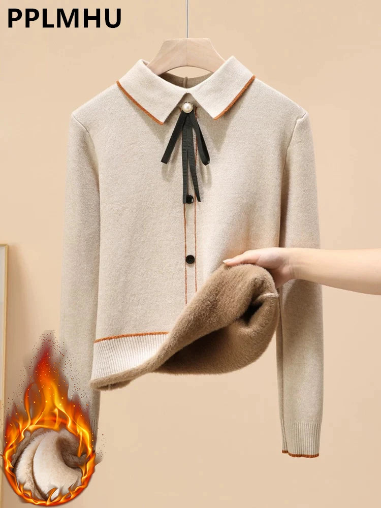 Women’s Plus Velvet Thick Polo Collar Sweater – Warm Knitted Pullover | Korean Winter Casual Slim Fit Jumper