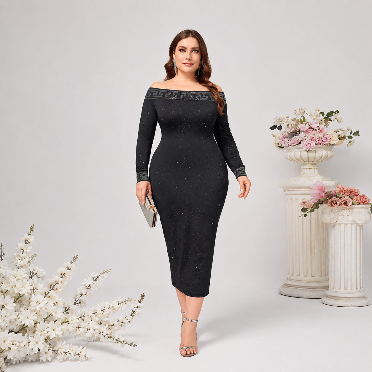 Women’s Plus-Size Sparkle Off-Shoulder Evening Dress