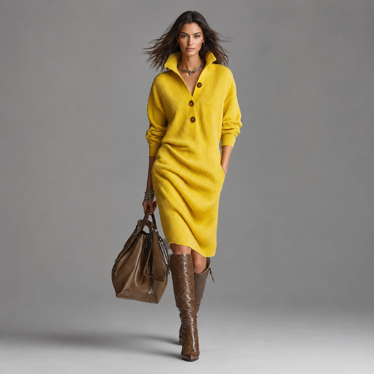 Women’s Stand-Collar Button V-Neck Sweater Dress