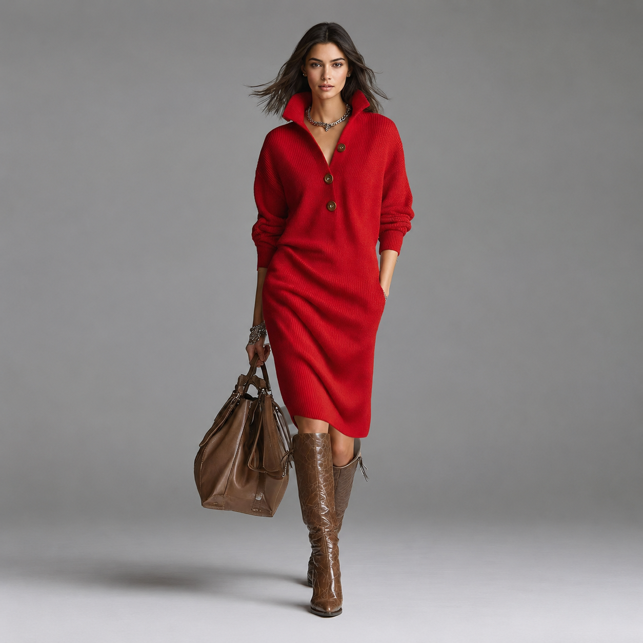 Women’s Stand-Collar Button V-Neck Sweater Dress
