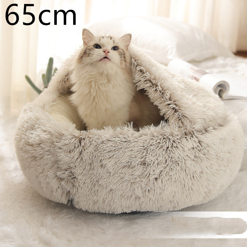 2-in-1 Dog & Cat Winter Bed – Round Plush Pet House | Soft Warm Long Plush Bed for Cats and Small Dogs