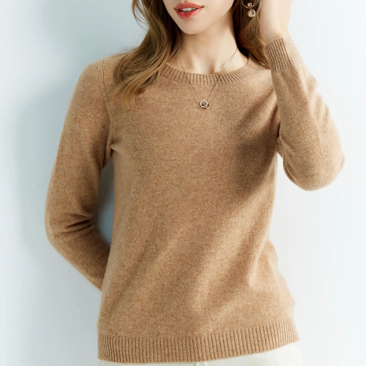 Women’s 100% merino wool cashmere O-neck sweater – soft and warm knit pullover