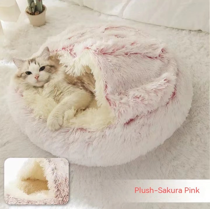 2-in-1 Dog & Cat Winter Bed – Round Plush Pet House | Soft Warm Long Plush Bed for Cats and Small Dogs