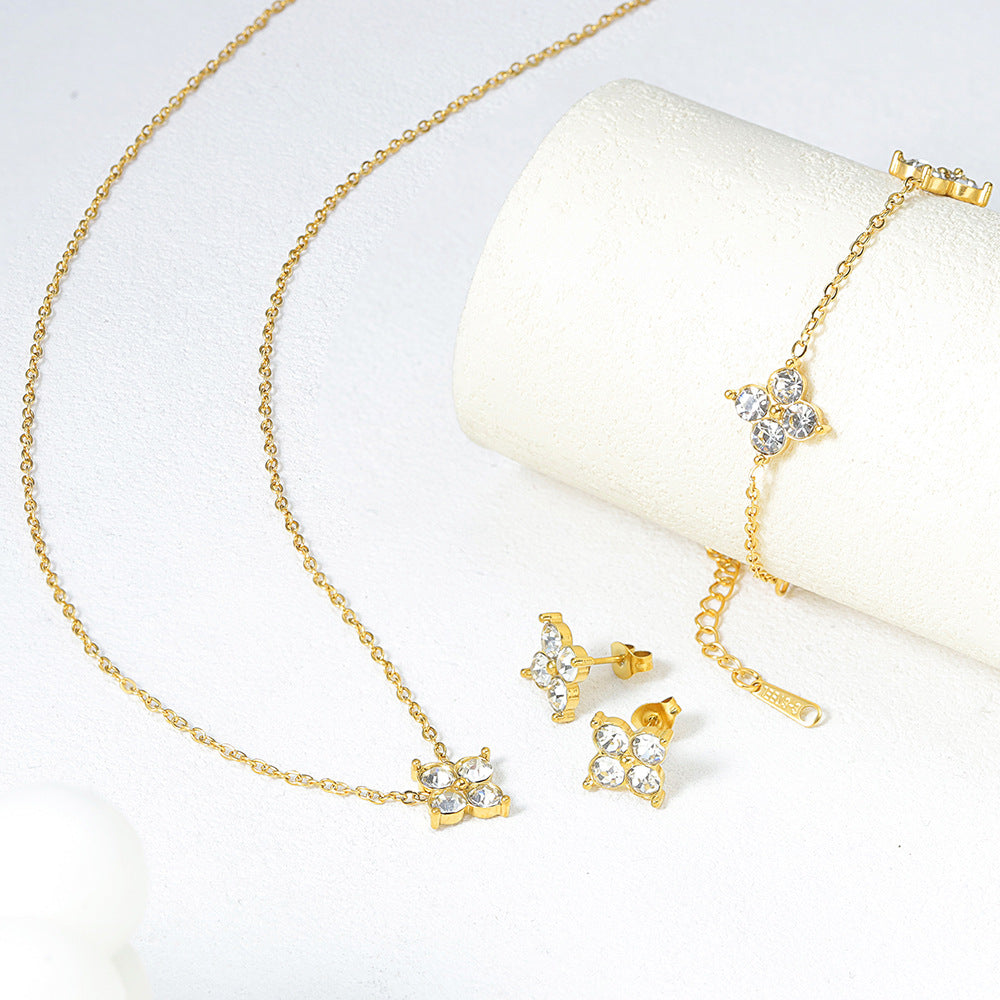 French Baby's Breath Crystal Jewelry Set – Necklace, Bracelet & Stud Earrings