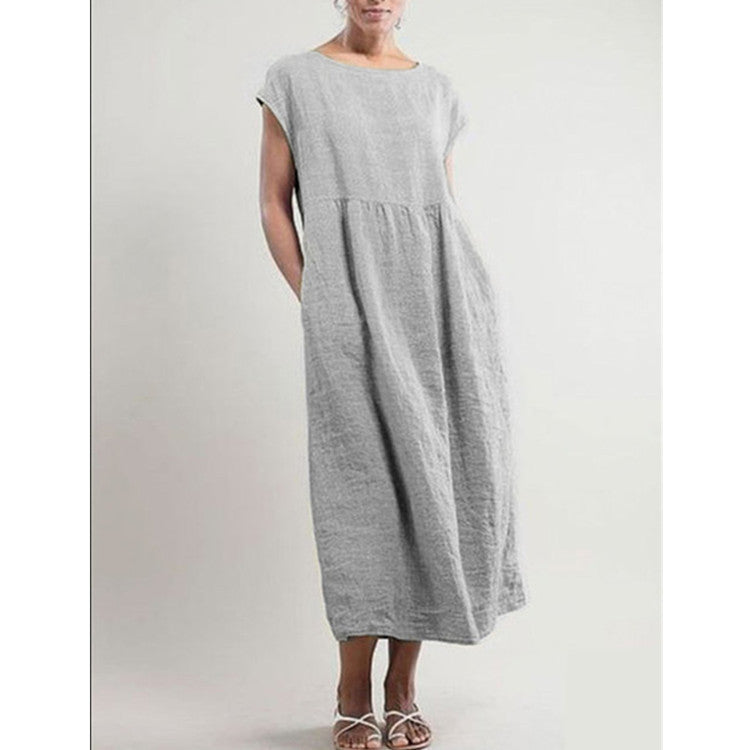 Loose Cotton Linen Maxi Dress – Minimalist Solid Color Casual Dress