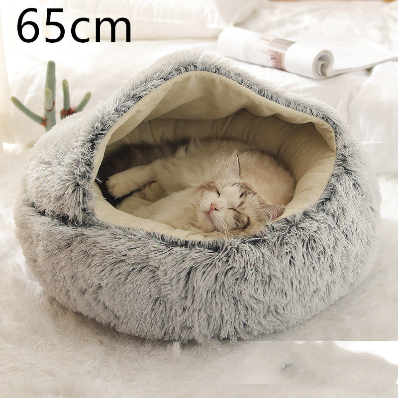 2-in-1 Dog & Cat Winter Bed – Round Plush Pet House | Soft Warm Long Plush Bed for Cats and Small Dogs