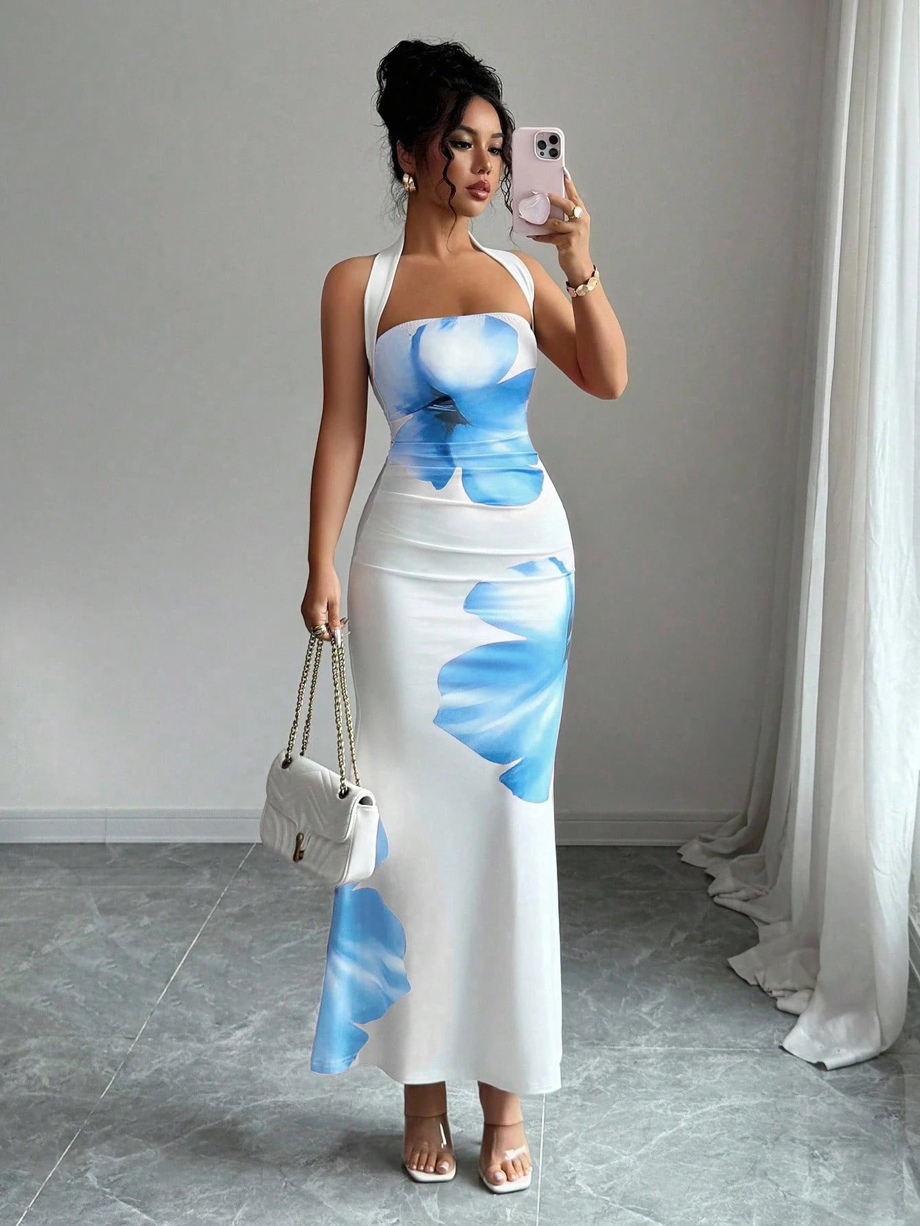 Floral Halterneck Maxi Dress – Slim Fit High Waist Evening Gown