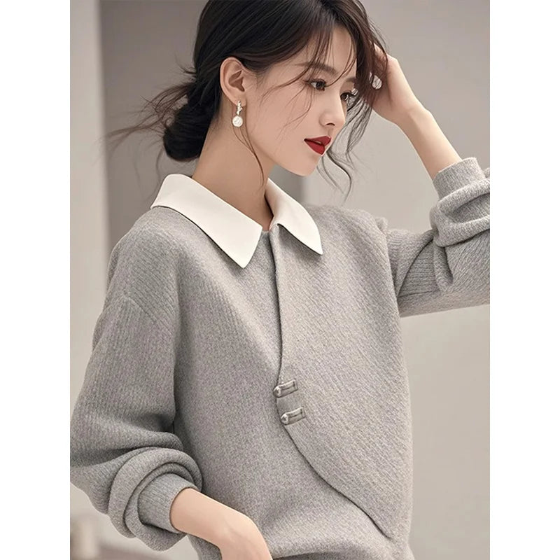 Women’s Office Chic Gray Fake Two-Piece Sweater – Korean Fashion Loose Knit Top | Spring Business Casual Pullover