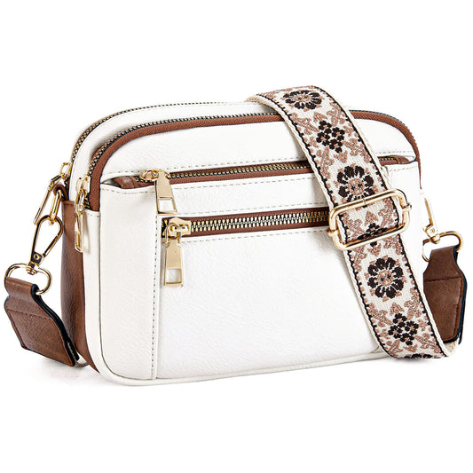 Triple-Zipper Crossbody Shoulder Bag with Floral Embroidered Strap