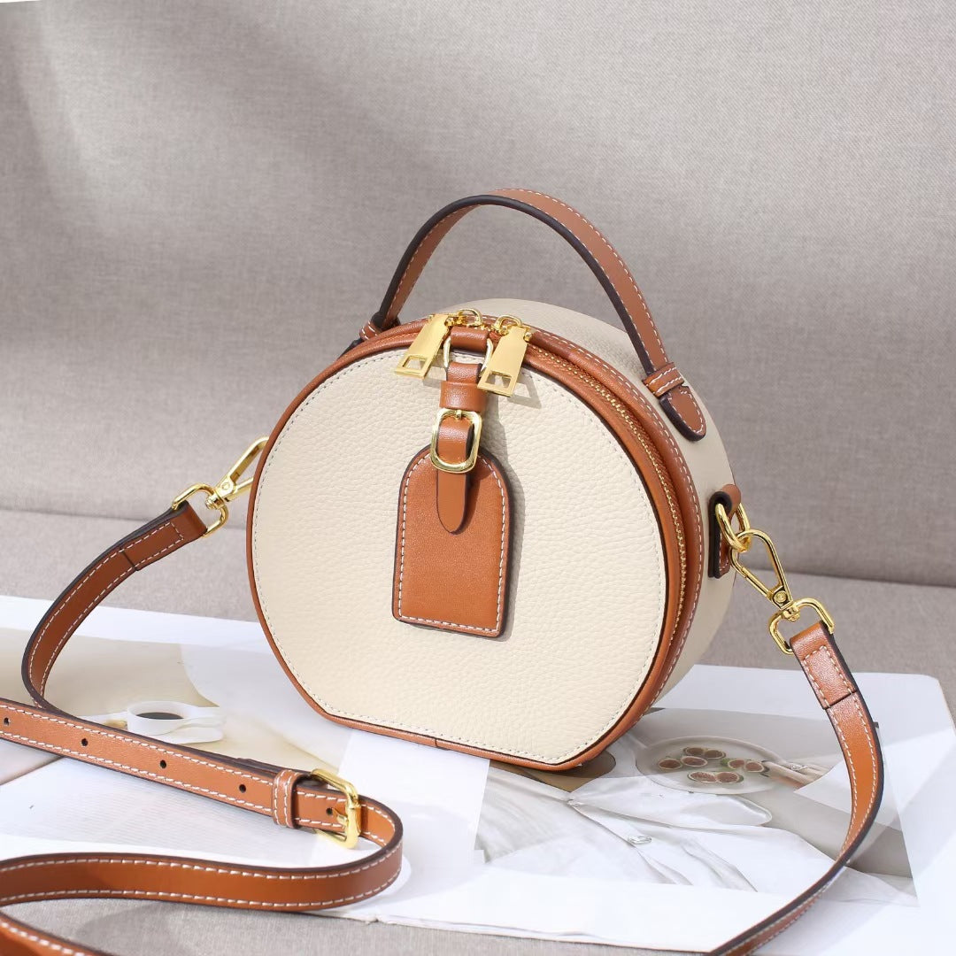 Genuine Leather Round Crossbody Bag – Mini Contrast Color Messenger Handbag