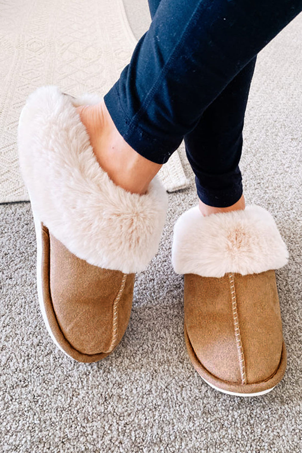 Women’s camel suede plush-lined slippers – cozy slip-on winter home shoes