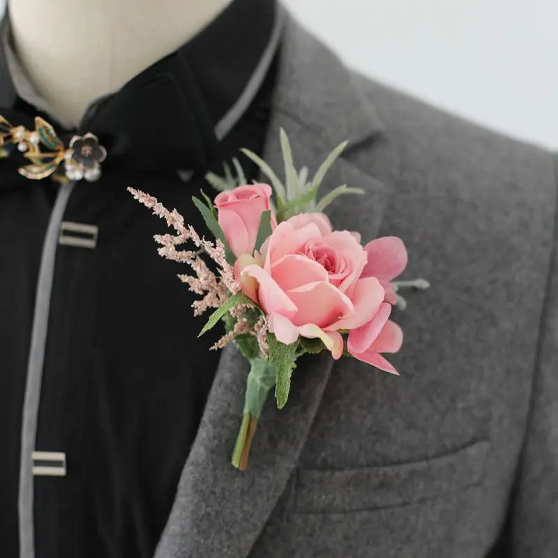 Beige Boutonnieres Flowers Artificial Roses Silk White Corsage Buttonhole Groomsmen Boutonniere for Men Wedding Accessories