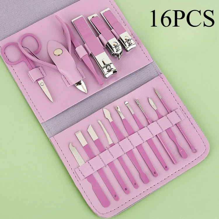 16pcs Professional Nail Clippers and Cuticle Nippers Set With Leather Portable Case Idea Gift,Manicure Set Full Function