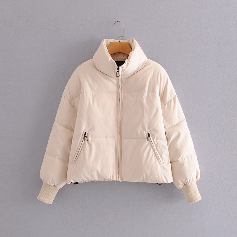 Women’s Solid Color Cotton Puffer Jacket – Oversized with Long Sleeves