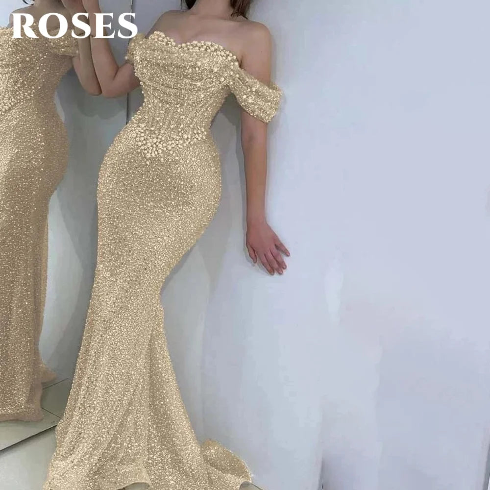 ROSES Pearl Gorgeous Prom Dress Sweetheart Off the Shoulder Hollow Prom Gown with Fishbone Shiny Sequins Formal Gown Customized