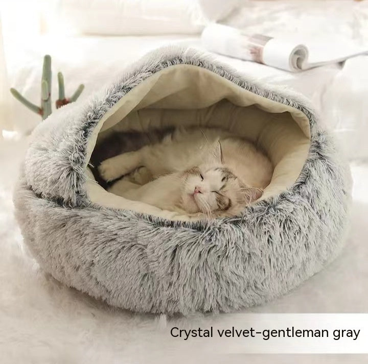 2-in-1 Dog & Cat Winter Bed – Round Plush Pet House | Soft Warm Long Plush Bed for Cats and Small Dogs