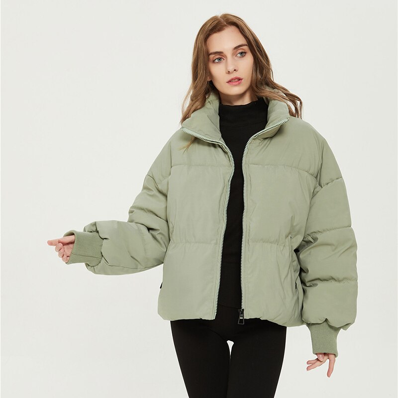 Women’s Solid Color Cotton Puffer Jacket – Oversized with Long Sleeves