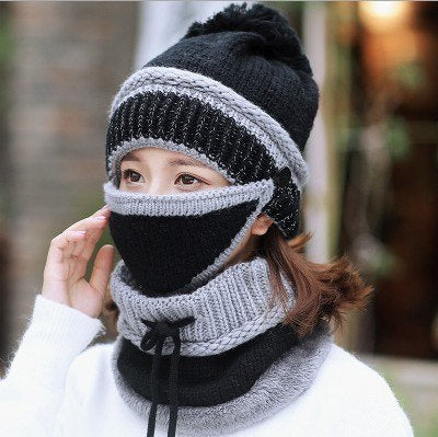 Women’s Winter Knit Hat with Neck Warmer & Face Mask – Thick Warm Windproof Beanie Set