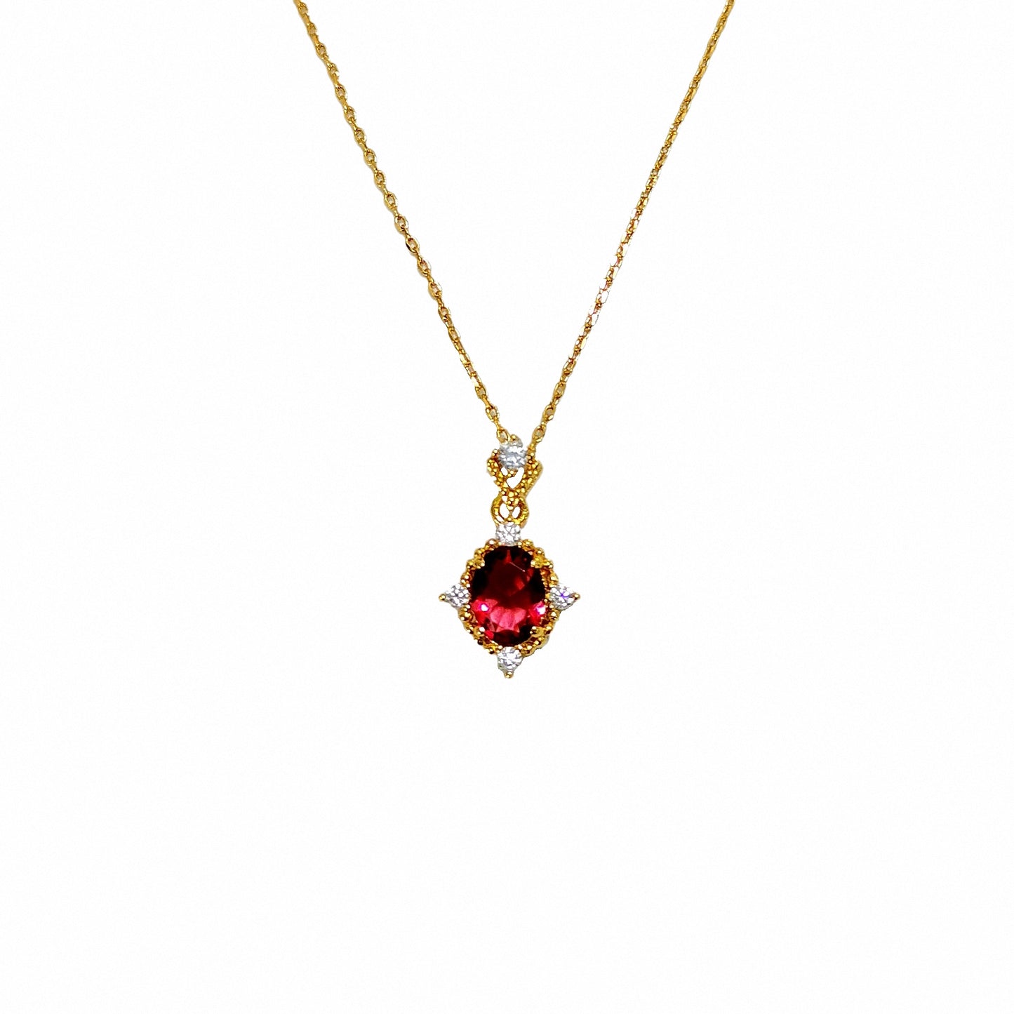 Vintage-Style Ruby Pendant Necklace – 18K Gold Plated Red Crystal Charm Necklace