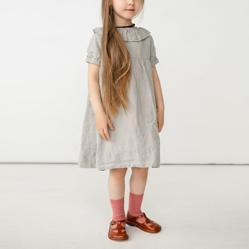 Toddler Girls Cotton Linen Ruffle Dress – Puff Sleeve Summer Dress