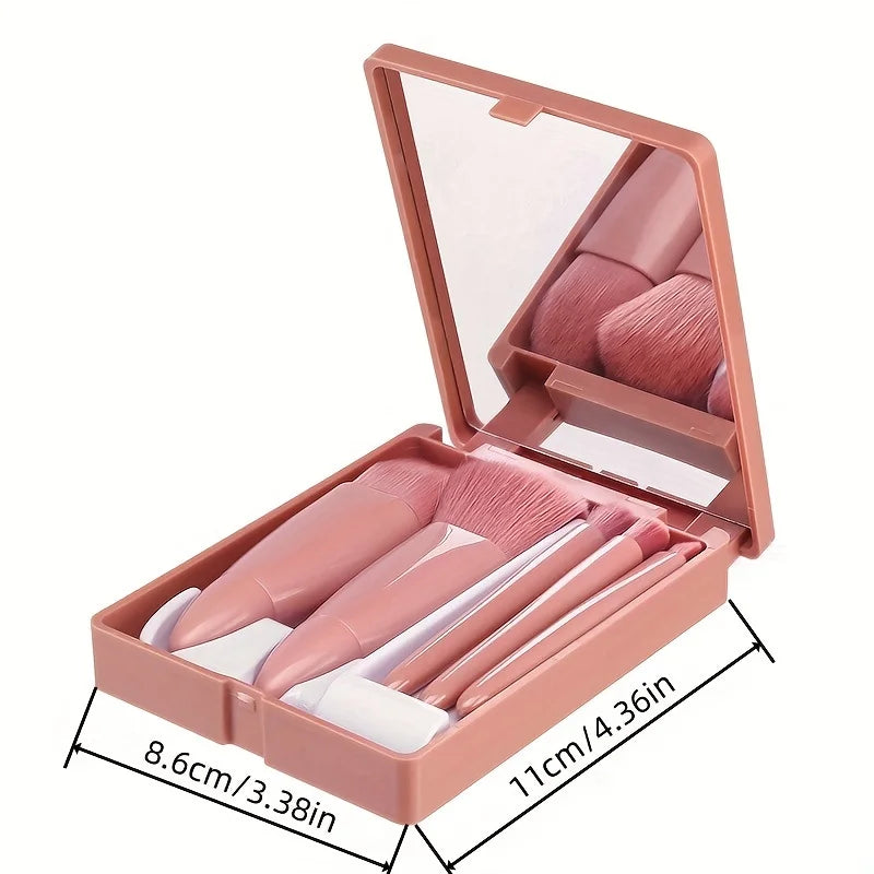 5-Piece Portable Makeup Brush Set with Mirror – Foldable Mini Travel Makeup Kit | Compact Beauty Essentials for On-the-Go