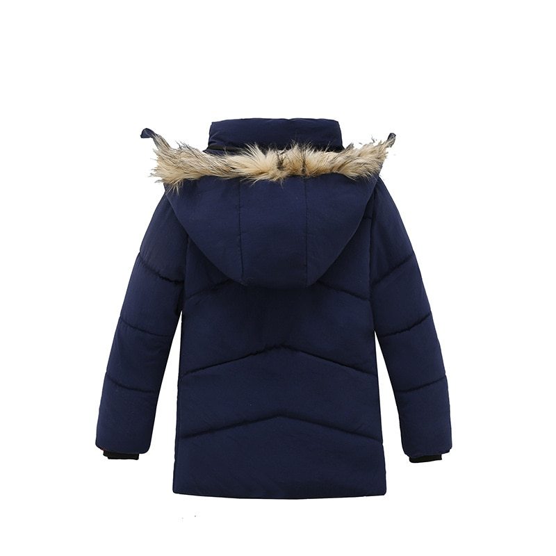Navy blue winter coat with fur-lined hood on a white background